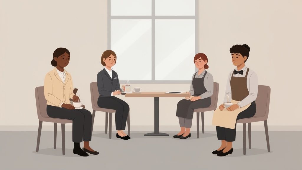 Quatre personnes, deux en costume et deux en tablier, font une pause café autour d'une table.