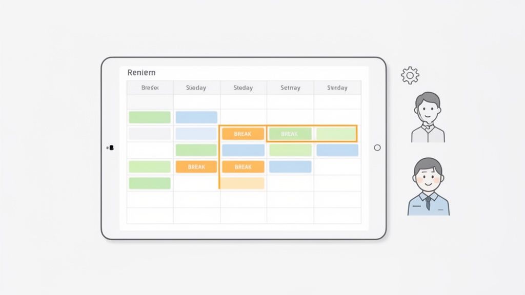 Tablette affichant un emploi du temps avec des pauses, des jours de la semaine et des employés, illustrant la gestion du temps de travail.