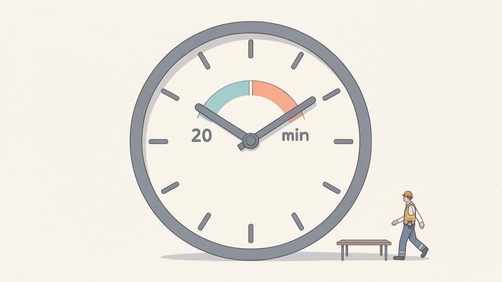 Une grande horloge affiche 20 minutes, avec des sections colorées. Un travailleur marche à côté d'un banc.