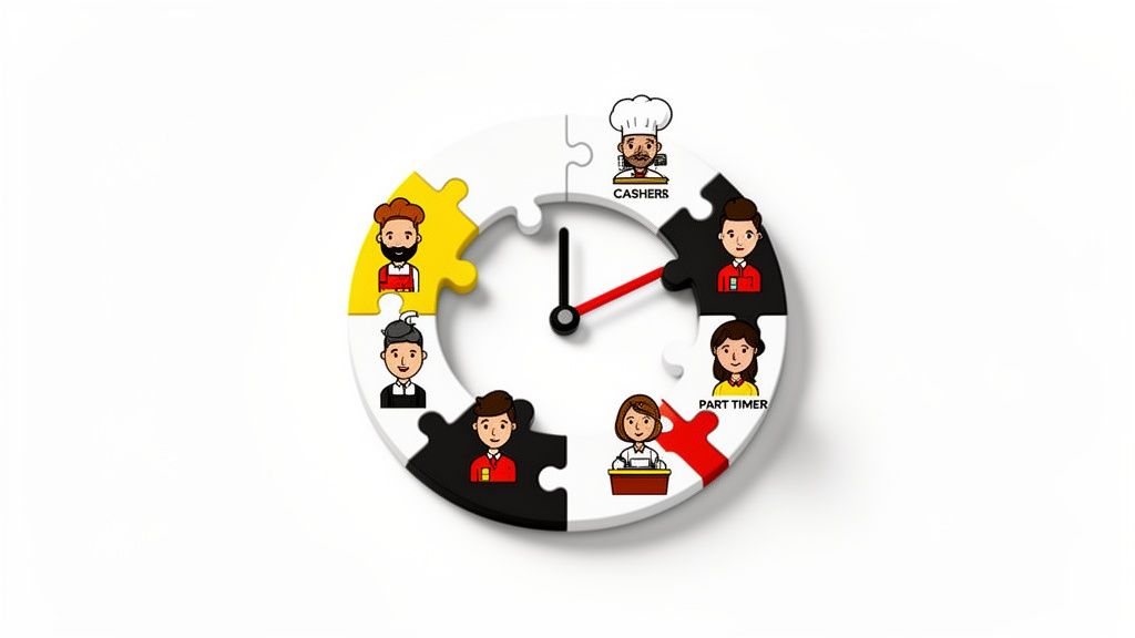 Een klok van puzzelstukken met avatars van werknemers die verschillende rollen of diensten voorstellen.