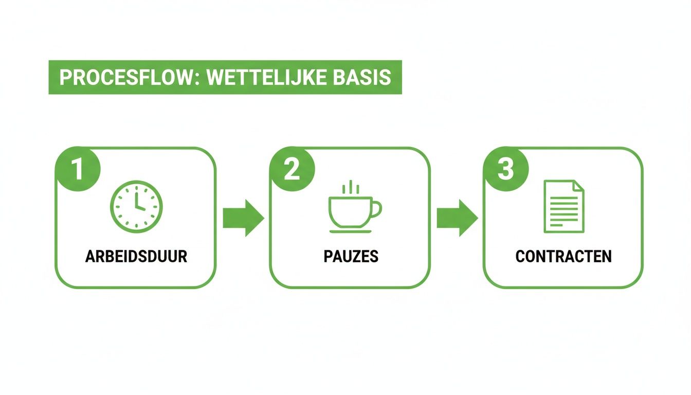 Een processtroomdiagram over de wettelijke basis voor arbeidsduur, pauzes en contracten, met drie stappen.