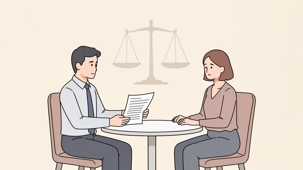 Un homme et une femme discutent de documents devant une balance de justice, symbolisant une consultation juridique.