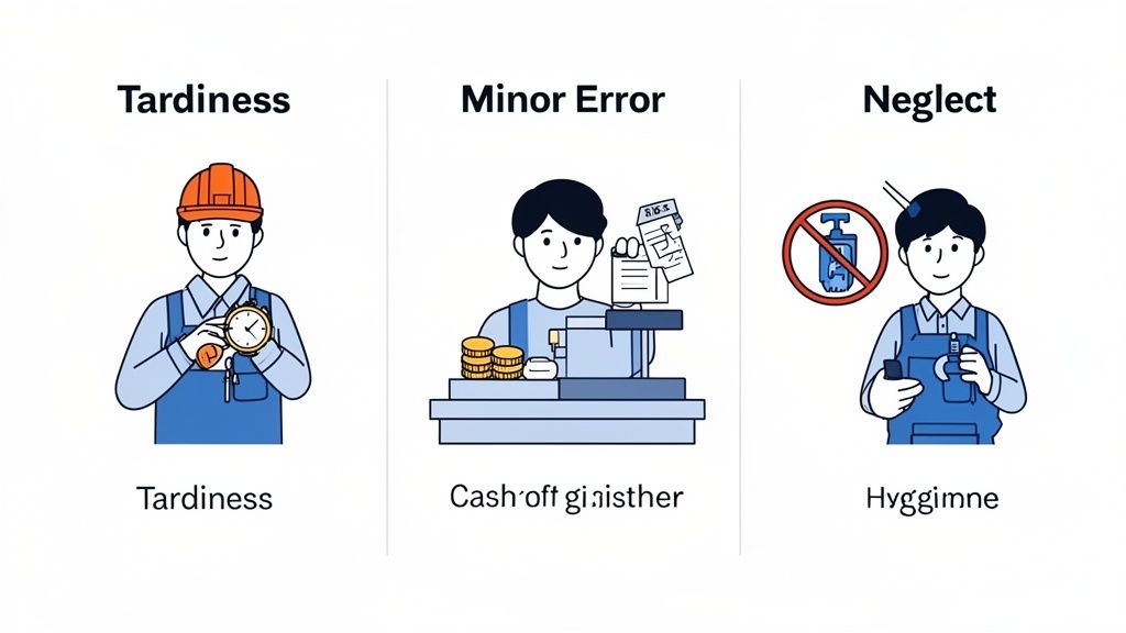Trois illustrations montrent différentes fautes professionnelles : retard, erreur mineure de caisse et négligence d'hygiène.