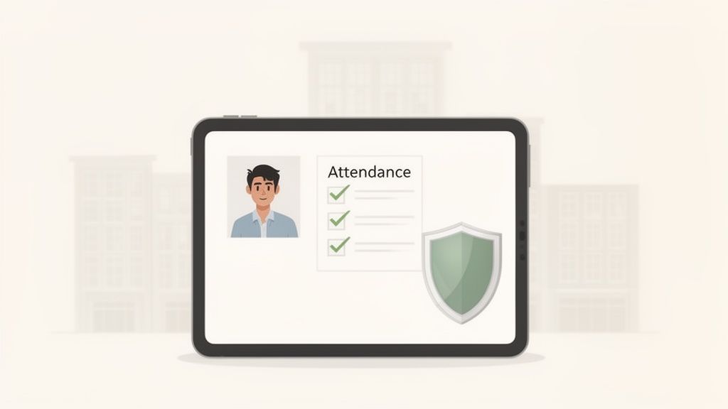 Tablette affichant un homme, une liste de présence cochée et un bouclier de sécurité.