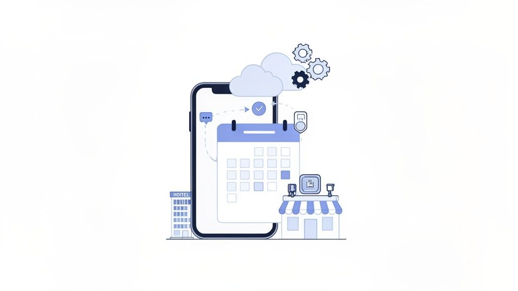 Un smartphone affiche un calendrier de gestion de réservations via le cloud pour hôtels et commerces.