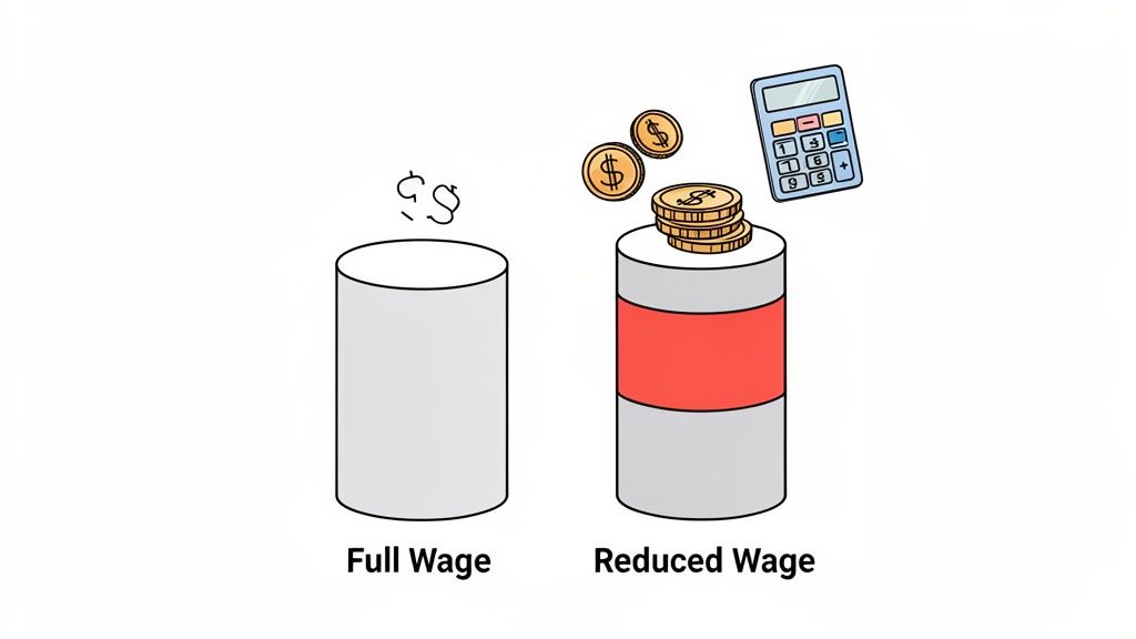Illustratie toont 'Vol Salaris' (leeg vat) en 'Verlaagd Salaris' (vat met munten en calculator), wat loonverschillen visualiseert.