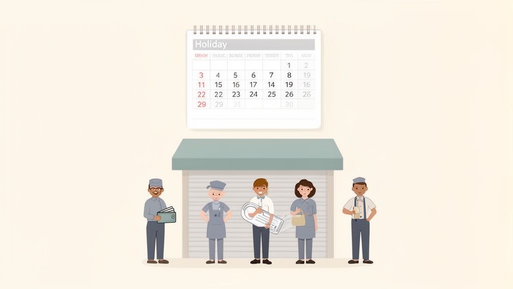 Een kalender toont 'Vakantie' boven een gesloten gebouw met vijf werknemers ervoor, wat duidt op een collectieve sluiting.