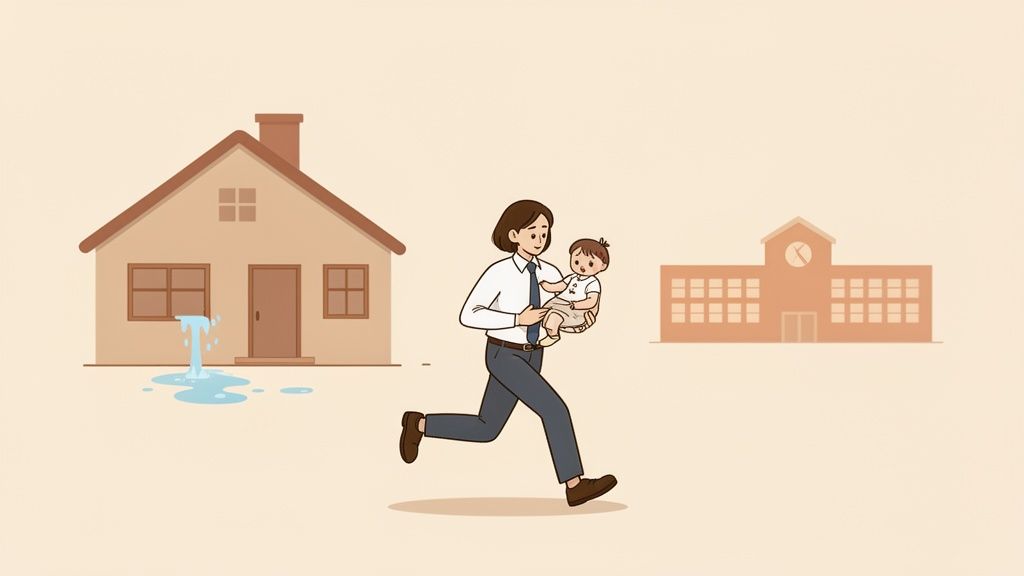 Une personne court avec un bébé, une maison qui fuit et une école en arrière-plan.