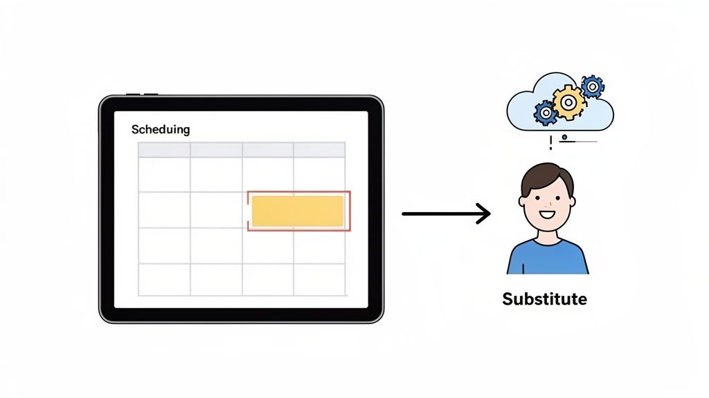 Une tablette affiche un calendrier avec un créneau jaune sélectionné, une flèche pointe vers un remplaçant sous un nuage avec des engrenages.