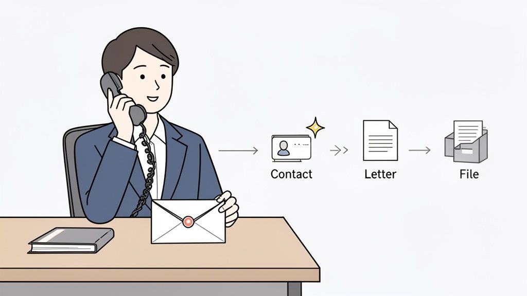 Un homme d'affaires au téléphone avec un processus de gestion des contacts, lettres et dossiers affiché.