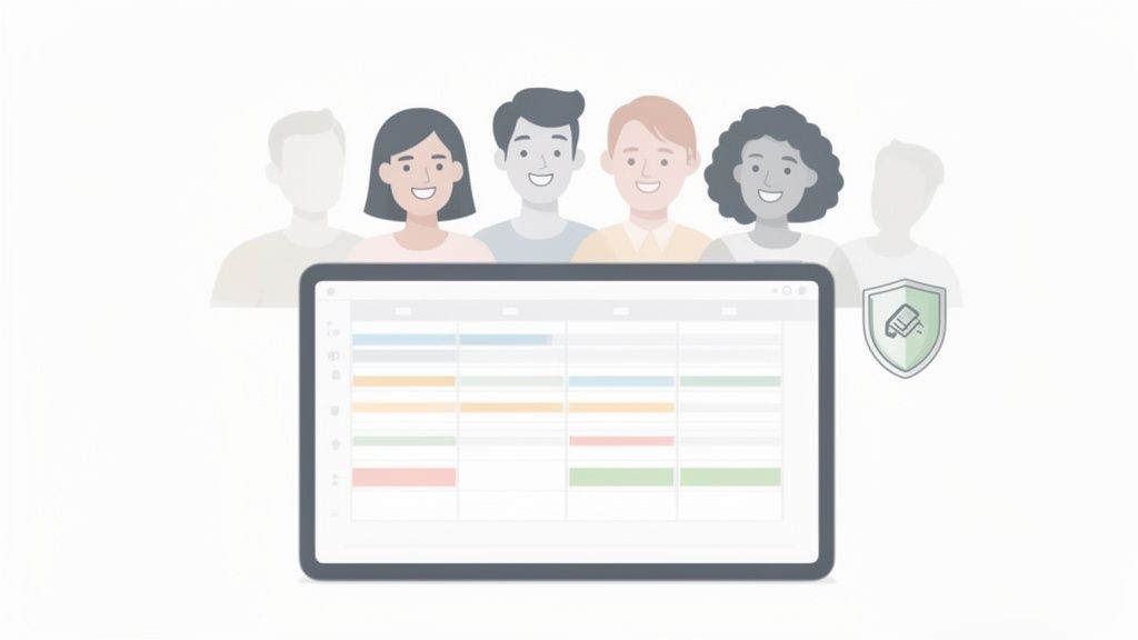 Groupe diversifié de personnes devant une tablette affichant un emploi du temps, avec un bouclier de sécurité.