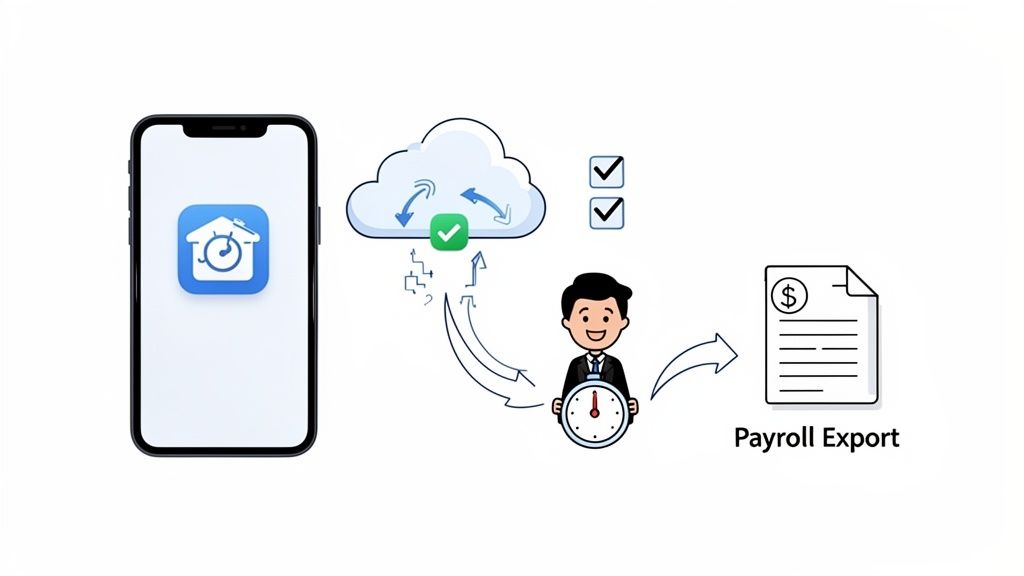 Een mobiele telefoon met tijdregistratie-app, cloud synchronisatie, een man die de tijd bijhoudt en een salarisexportdocument.