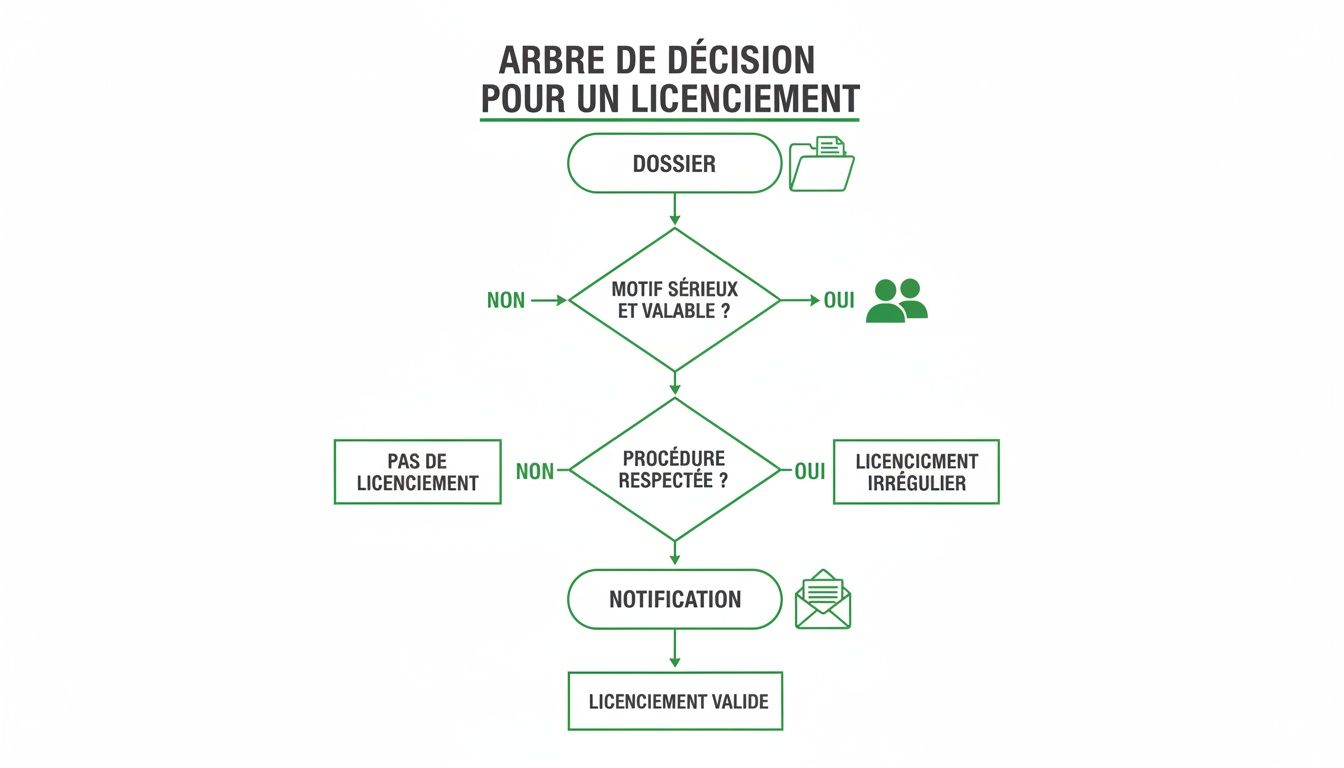 Arbre de décision détaillant les étapes d'un licenciement en Belgique, de l'examen du dossier à la notification.