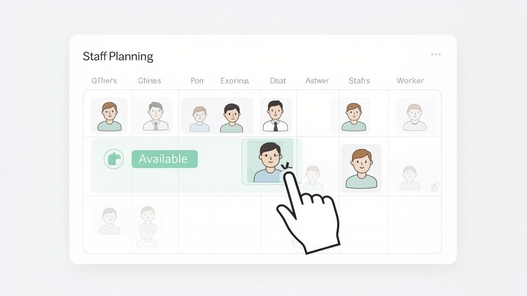 Interface de planification du personnel montrant des avatars d'employés et un curseur sélectionnant un individu.