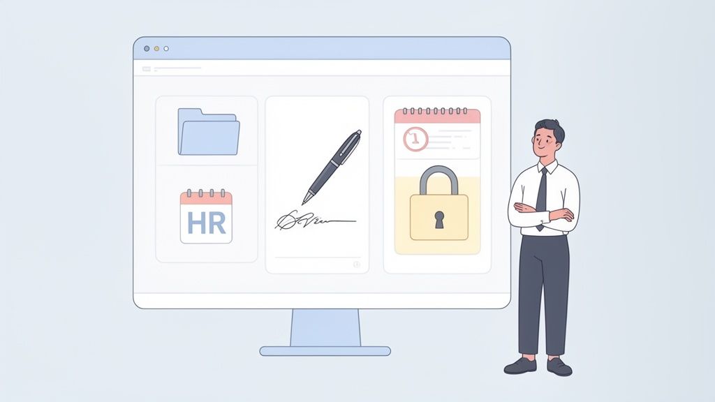 Homme souriant devant un écran d'ordinateur affichant des icônes de gestion de documents, RH et sécurité.