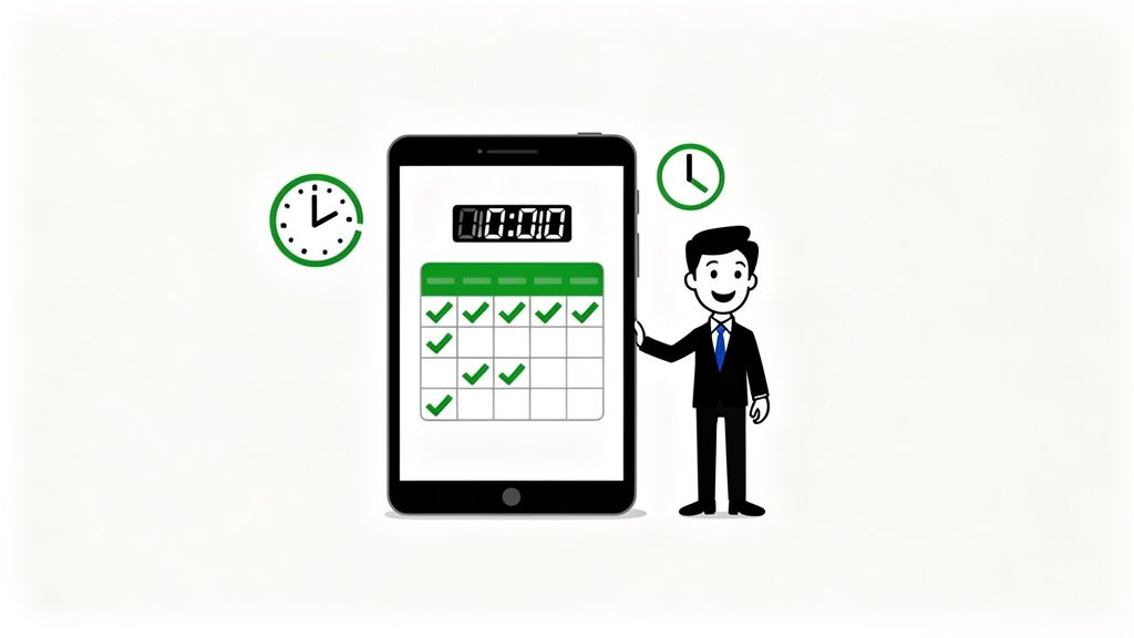 Homme d'affaires souriant avec un smartphone affichant un calendrier de tâches cochées et une horloge, symbolisant la gestion du temps.