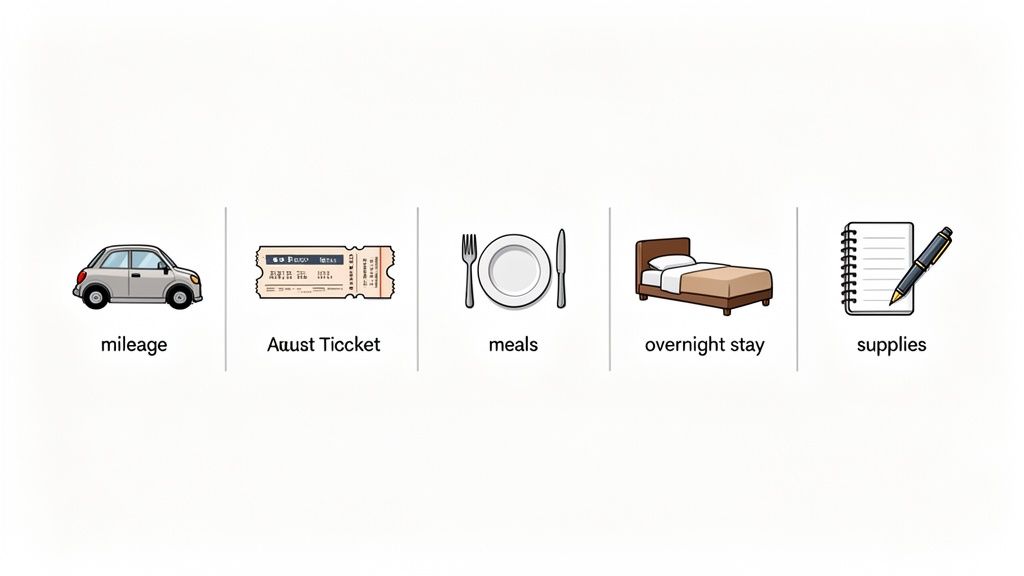 Image montrant différentes catégories de dépenses professionnelles : kilométrage, billets, repas, hébergement et fournitures.