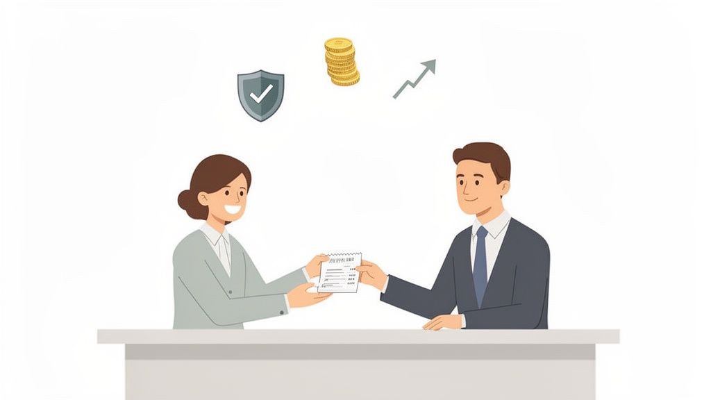 Deux professionnels échangent un document important. Des icônes de sécurité, d'argent et de croissance flottent.