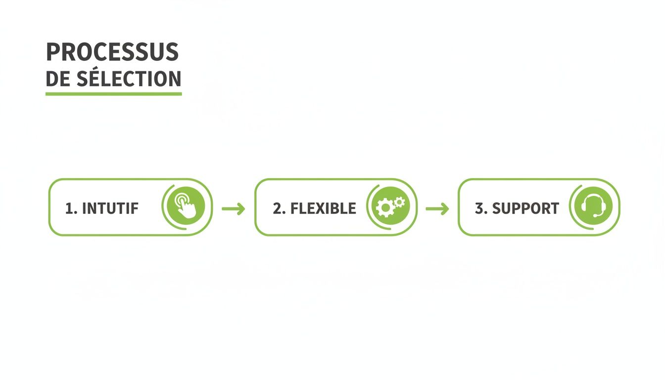 Processus de sélection illustré en trois étapes: 1. Intuitif (icône main), 2. Flexible (icônes engrenages), 3. Support (icône casque).