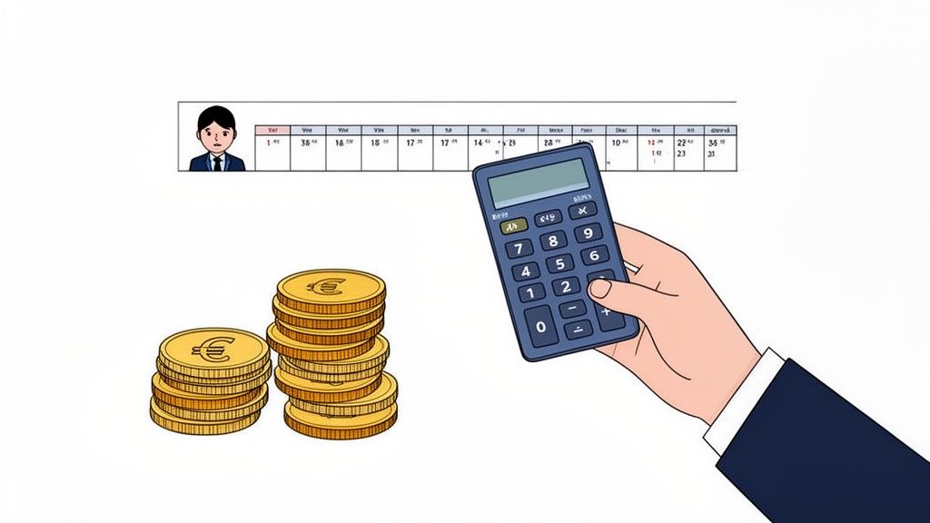 Een persoon met een kalender, stapels euromunten en een rekenmachine voor financiële berekeningen.