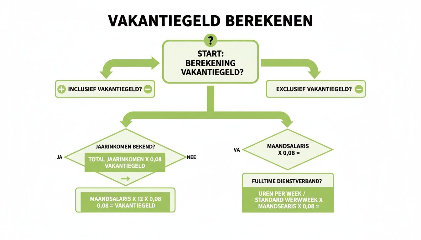 Flowchart over het berekenen van vakantiegeld, inclusief en exclusief, gebaseerd op jaarinkomen of maandsalaris.