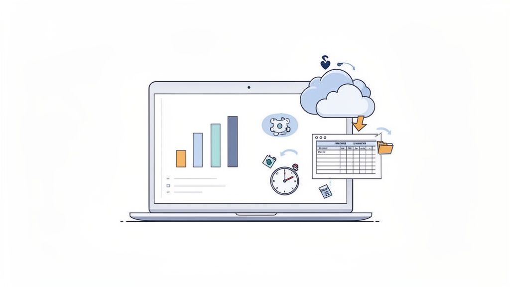 Een laptop toont datagrafieken, cloudopslag en een spreadsheet voor efficiënte gegevensverwerking.