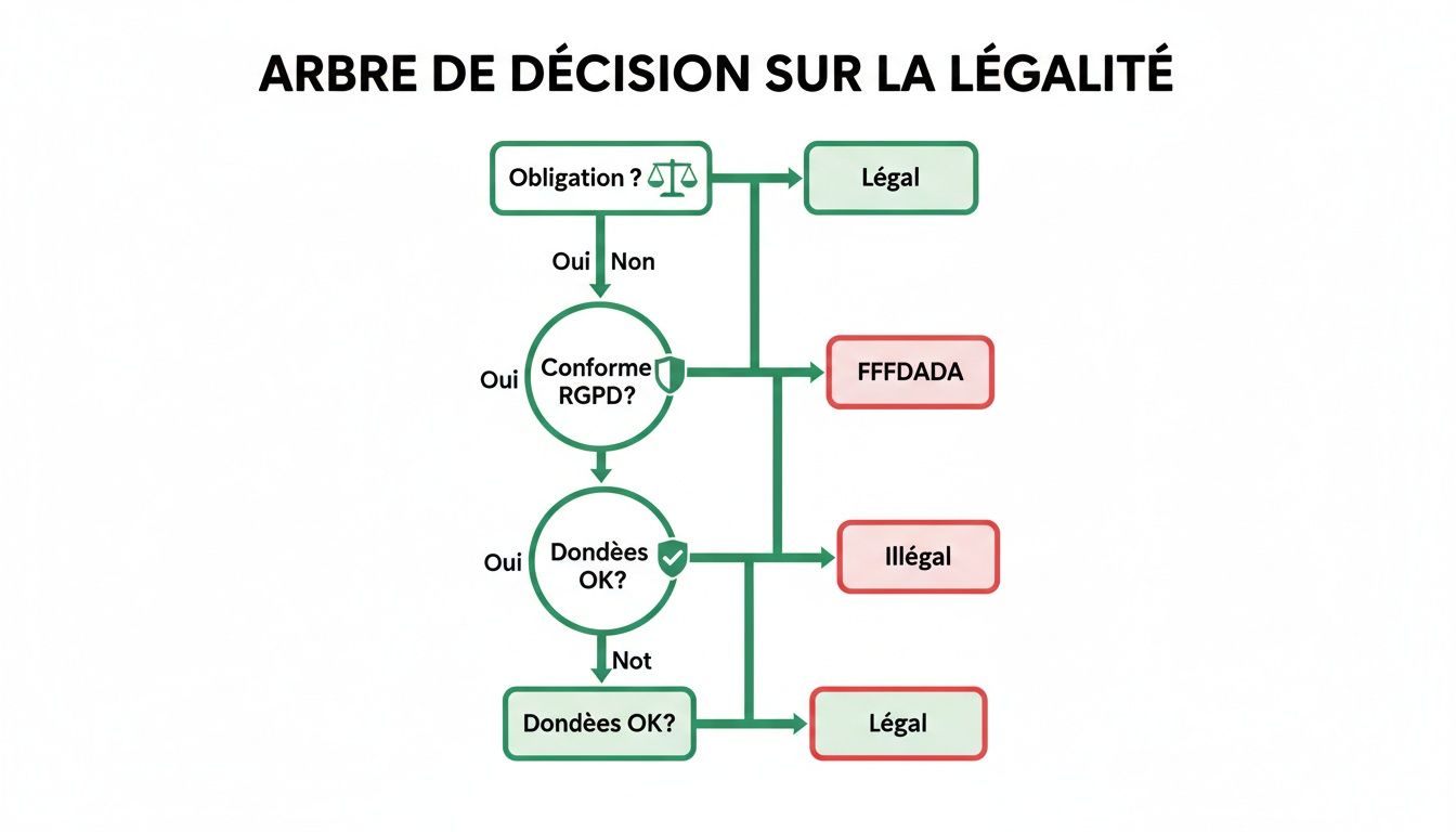 Arbre de décision sur la légalité, illustrant les étapes pour déterminer si une action est légale, illégale ou conforme.