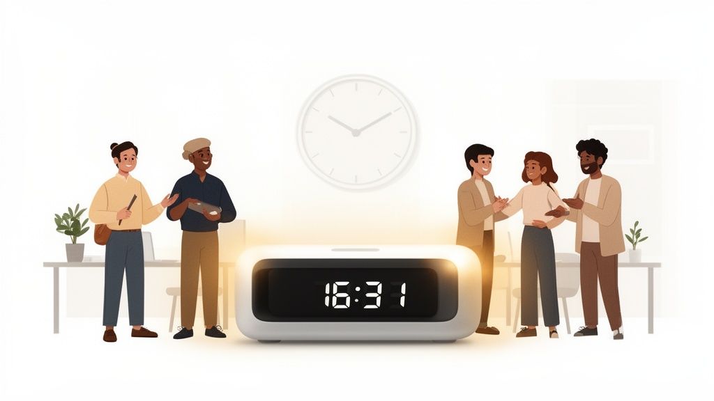 Diverses personnes collaborent dans un bureau moderne, avec une horloge numérique affichant 16:31 et une horloge murale.