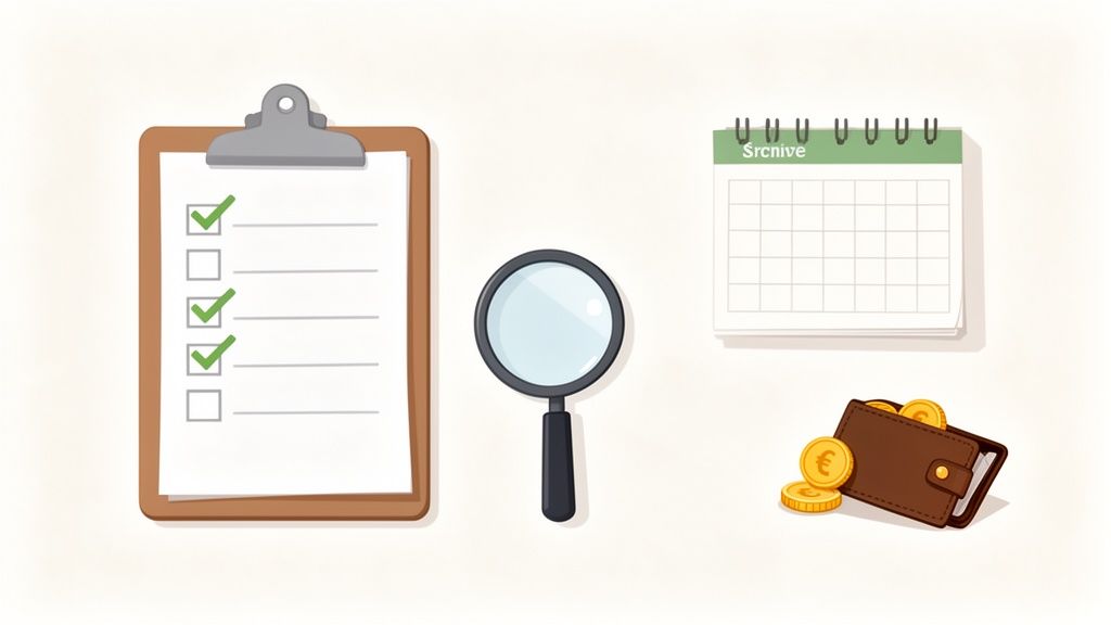 Een klembord met checklist, een vergrootglas, een kalender en een portemonnee met euromunten.