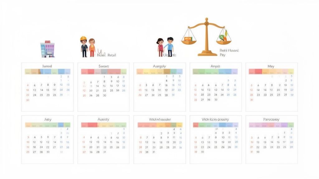 Plusieurs calendriers mensuels affichés avec des icônes d'entreprise, de vente au détail et de paiement, illustrant le calcul du temps de travail.