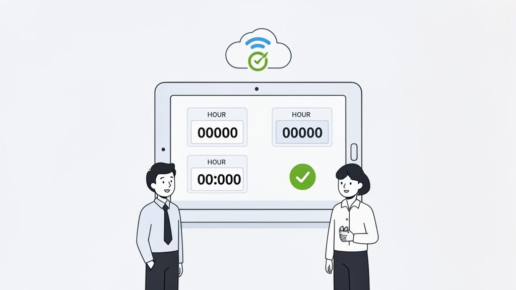 Illustration de deux personnes consultant une tablette affichant le calcul des heures de travail et une icône de cloud avec Wi-Fi.