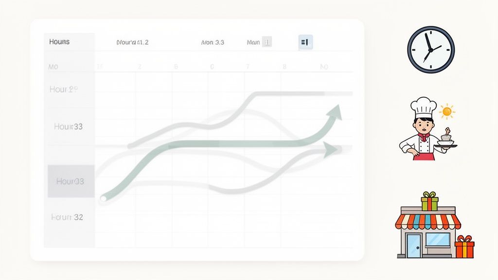 Interface de gestion du temps et des horaires de travail, avec icônes d'horloge, de chef cuisinier et de magasin.