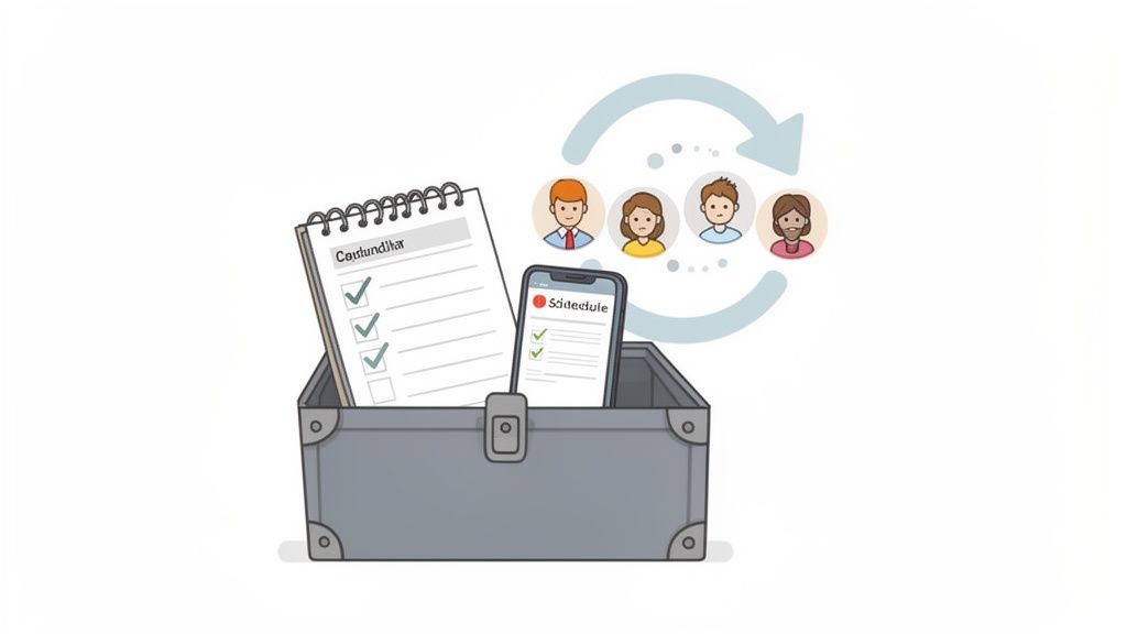 Illustration de la gestion des tâches et planification d'équipe avec une boîte, un agenda et des avatars.