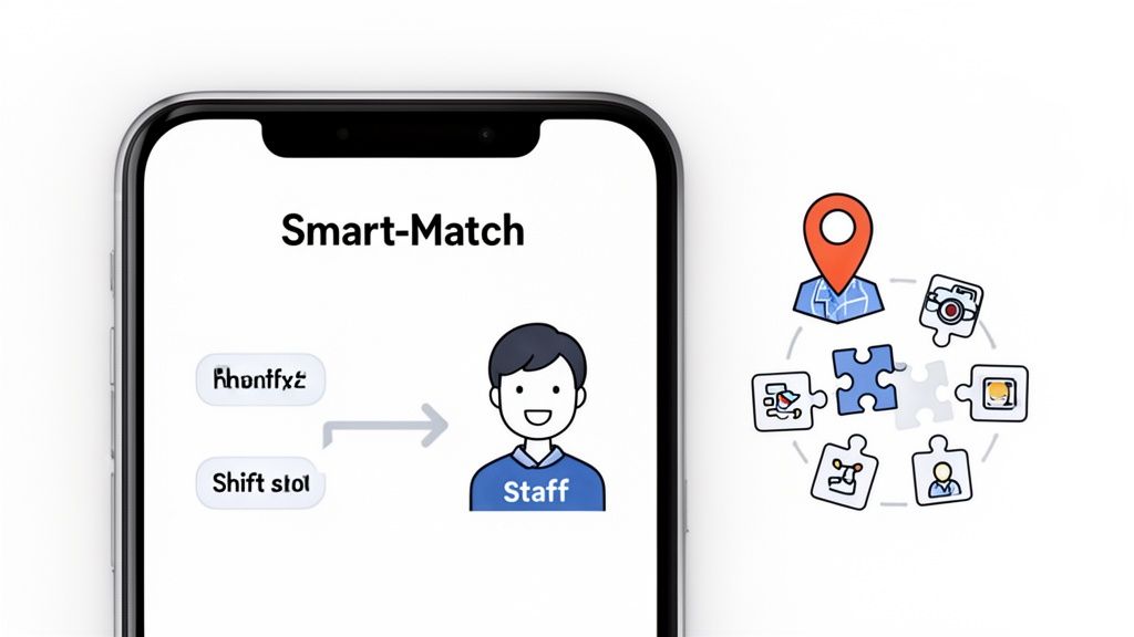 Application mobile Smart-Match, associant des tâches à un membre du personnel et symbolisant la gestion des activités.