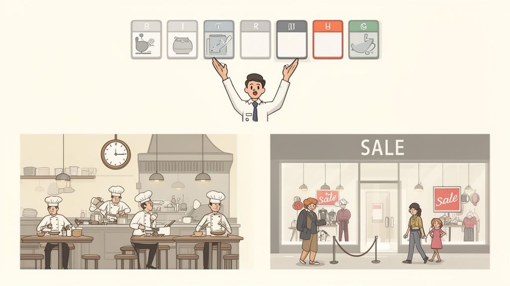 Représentation de la gestion des activités quotidiennes : un manager, des chefs cuisinant et des clients faisant du shopping.