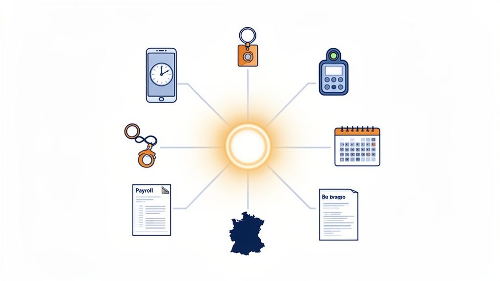Une illustration d'un système centralisé connectant le suivi du temps, la paie, le planning et la géolocalisation.