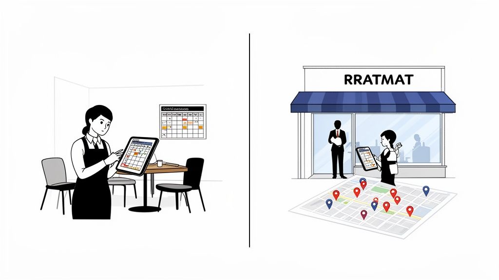 Deux scènes : une serveuse gérant un horaire sur tablette, et une autre utilisant une carte numérique devant un commerce.