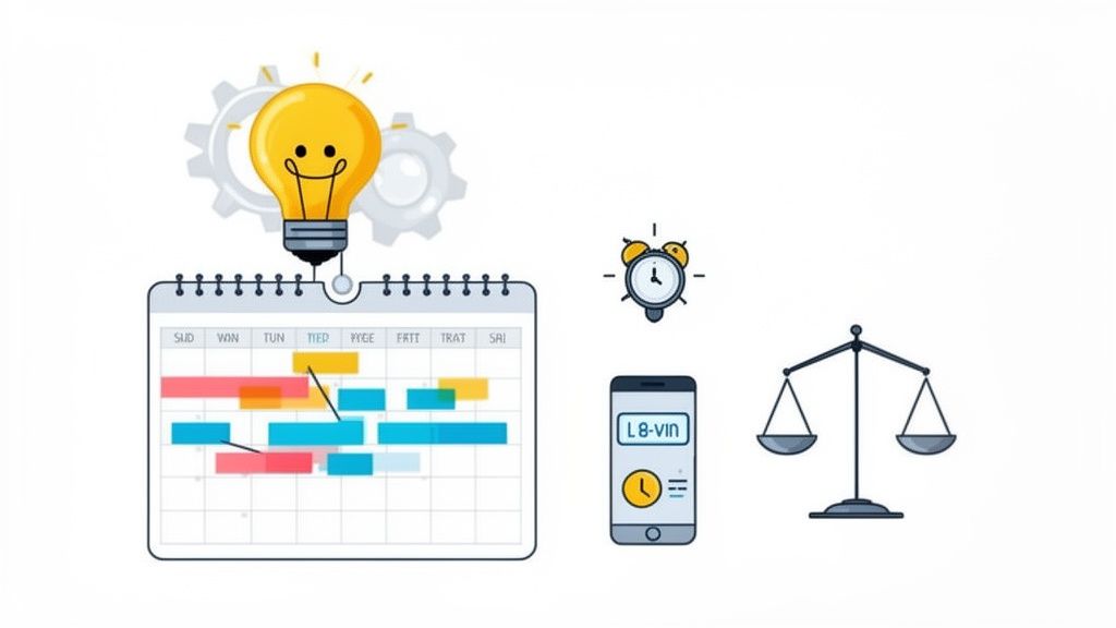 Illustratie van ideeën, een kalender, wekker, smartphone en weegschaal die planning en tijdmanagement symboliseren.
