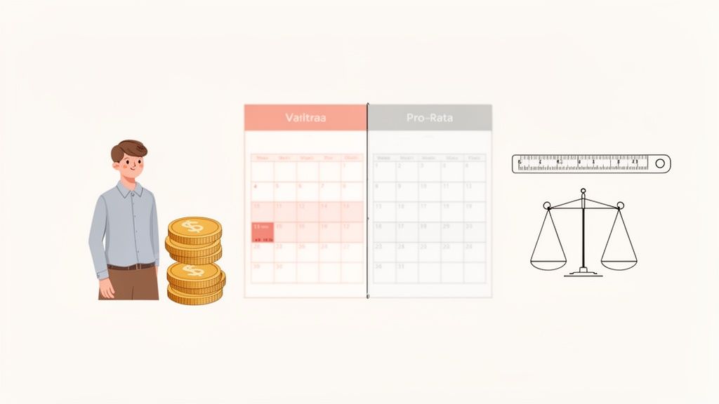 Illustratie van een man, munten, twee kalenders, een liniaal en een weegschaal die financiële berekeningen en pro-rata betalingen uitbeelden.