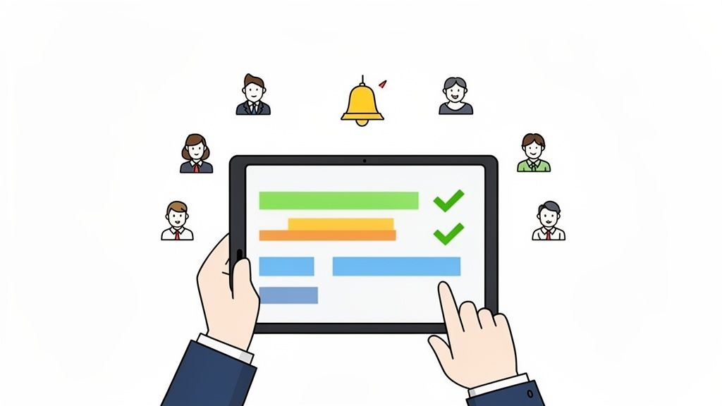 Mains tenant une tablette affichant des tâches terminées, avec des avatars d'équipe et une cloche de notification.