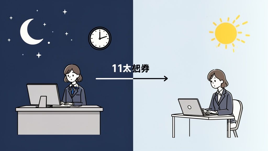 Une femme travaille de nuit sur ordinateur de bureau et de jour sur portable, symbolisant les longues heures de travail.