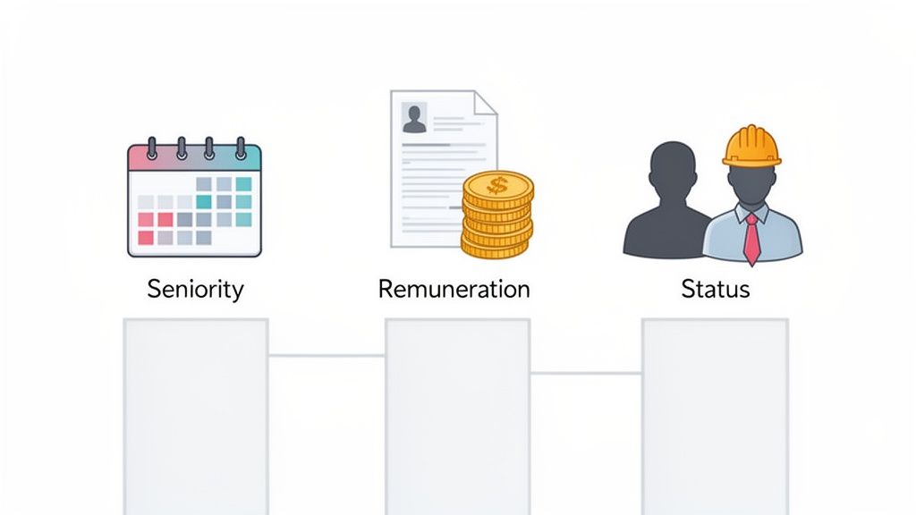 Icônes représentant l'ancienneté (calendrier), la rémunération (document, pièces) et le statut (personnes, casque).