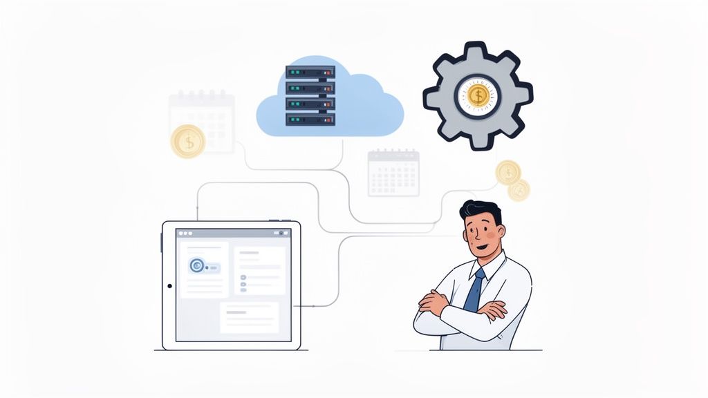 Een illustratie van een man die financiële systemen, cloudservers en planning overziet via een tablet.