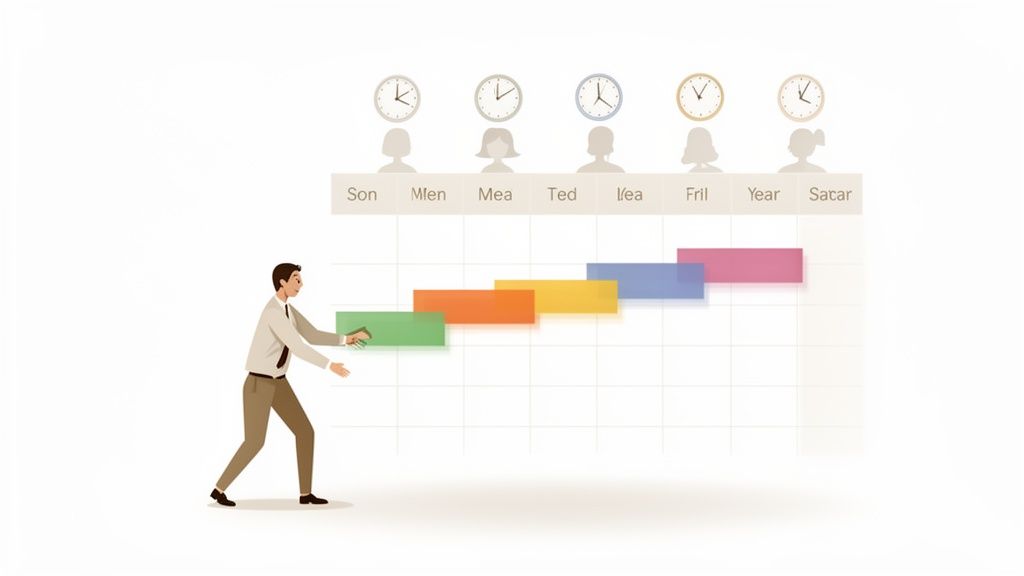 Un homme manipule un tableau de planification avec des tâches colorées, des jours et des icônes d'employés.