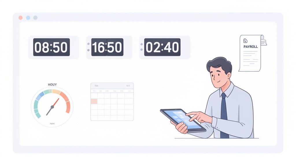 Tableau de bord numérique avec des affichages horaires, un calendrier, une jauge d'heures et un homme gérant la paie sur une tablette.