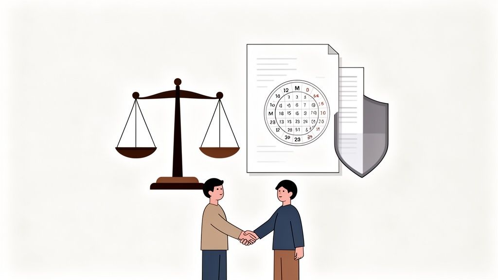 Deux personnes se serrent la main devant une balance de justice, des documents et un bouclier.