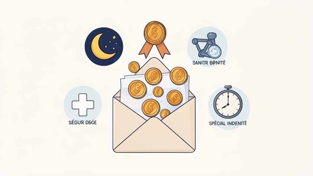 Enveloppe remplie de pièces d'or, entourée d'icônes symbolisant des avantages financiers: nuit, santé, handicap et temps.