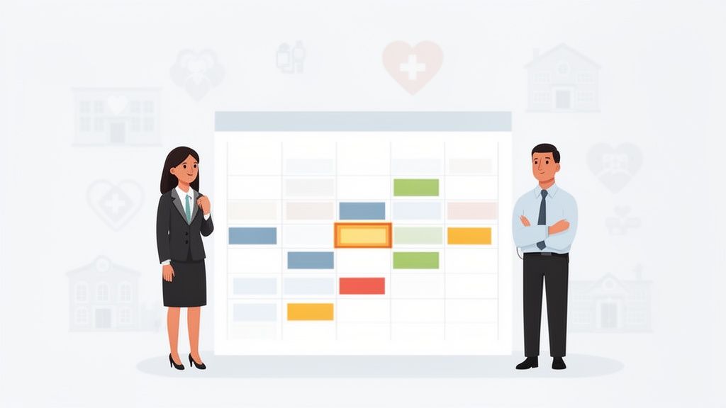 Deux professionnels devant un calendrier de planification, avec icônes de santé et maison, symbolisant la gestion des avantages sociaux.