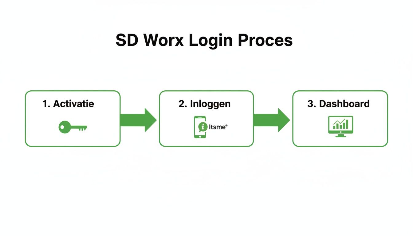 Overzicht van het SD Worx loginproces met stappen voor activatie, inloggen via Itsme en toegang tot het dashboard.