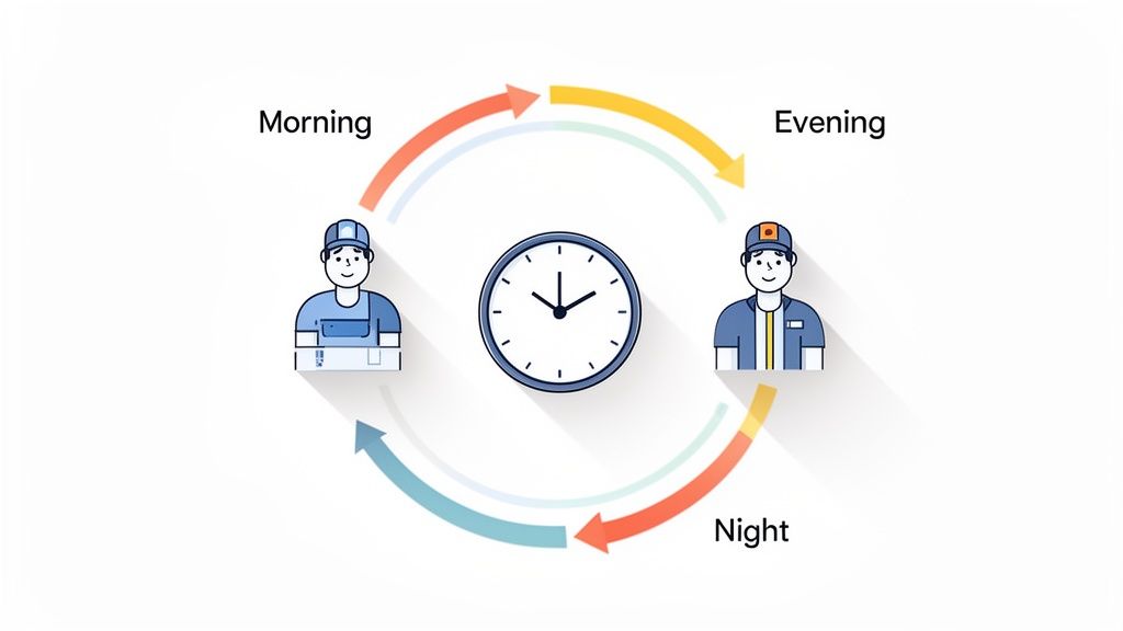 Illustration d'un cycle de travail avec des employés, une horloge et des périodes (matin, soir, nuit).